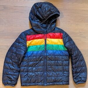 Primary Kids Black Puffer Jacket with Rainbow Stripes